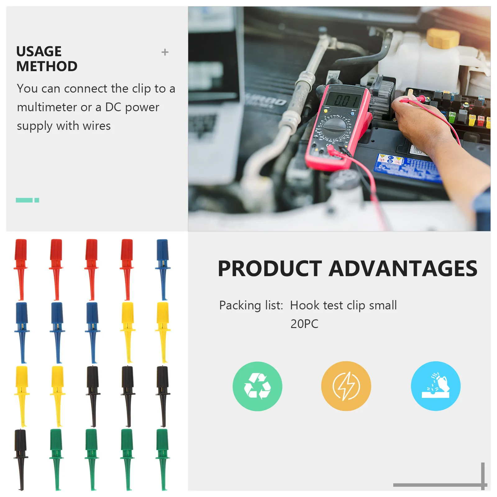 20Pcs Test Hook Probe for Multimeter Electronic Testing Safe Insulated Plastic Tips Spring-Loaded Push Button Design Round Mini