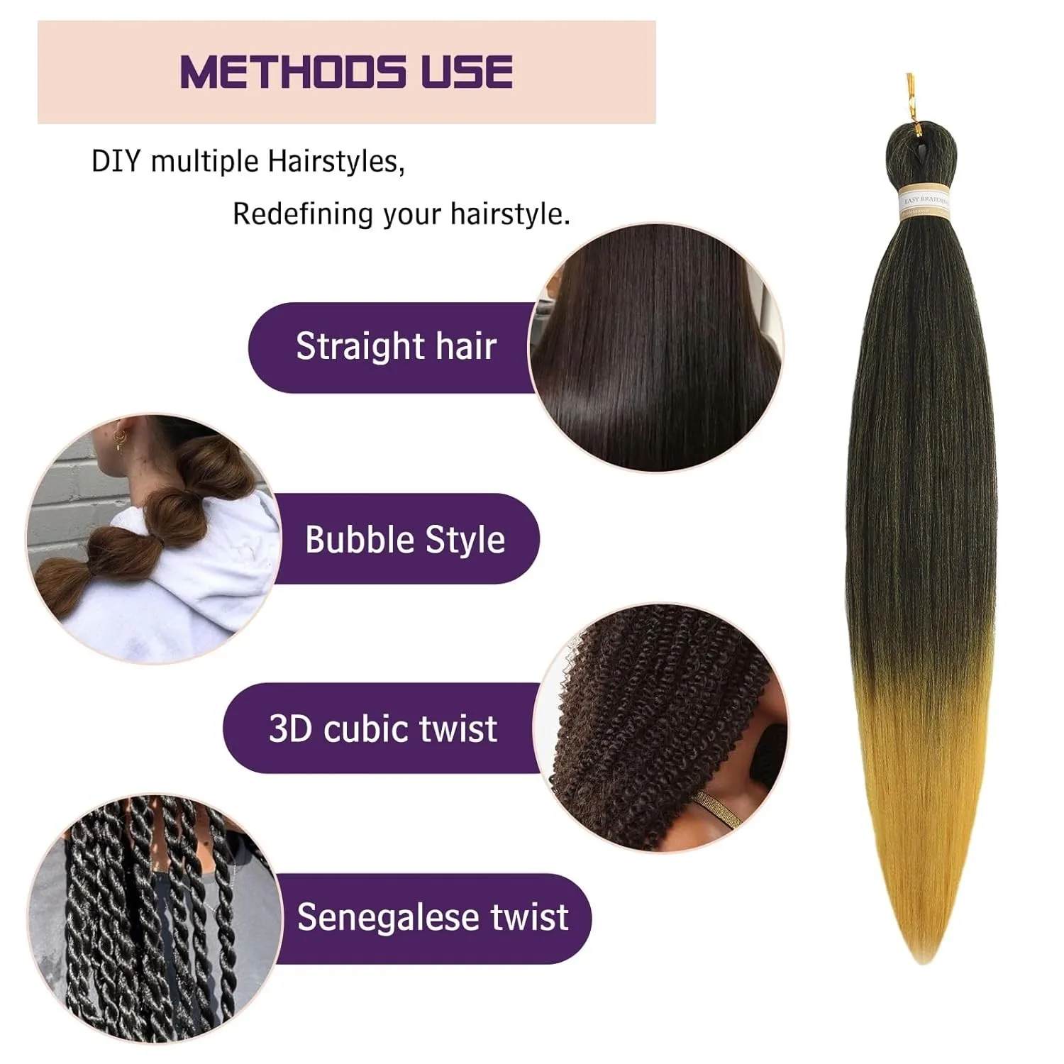 Cabello trenzado preestirado, fácil trenzado, textura Yaki, cabello trenzado sintético, trenzas sin nudos para extensiones de cabello de ganchillo en caja