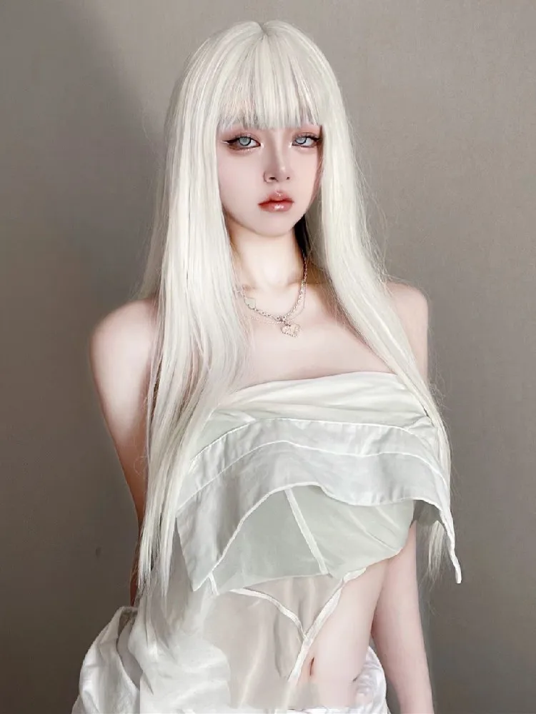 Lolita Wig Long Straight white Wig with Bangs Headband Synthetic Wigs for Women Human Hair