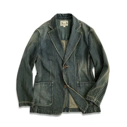 Men's Striped Suit Blazer Notch Lapels Distressed Washed Classic Jacket
