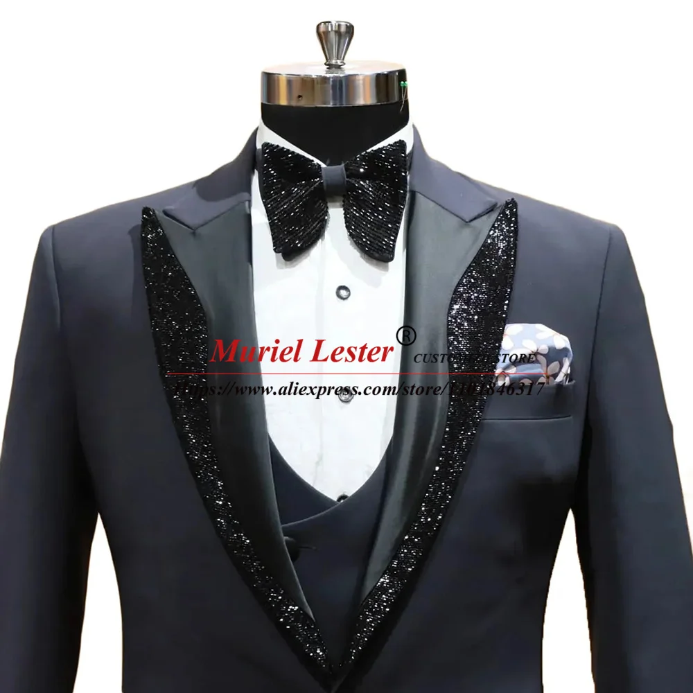 Jas pengantin pria untuk pria Slim Fit berkilau hitam Lapel Blazer Tailore terbuat 3 buah Formal bisnis Prom gaun elegan