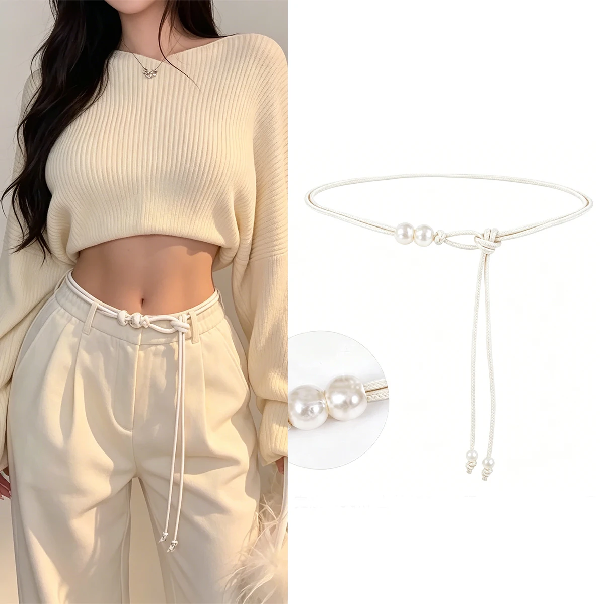1pc Women's Adjustable Slim Belt with Brown Bead Accents Waist Cincher for Dresses Shirts Jackets Day-to-Night Style Enhancer image 3