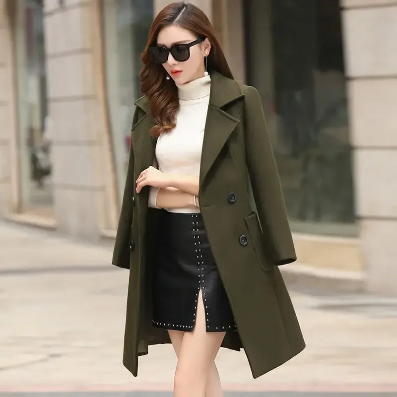 Ladies Streetwear Woolen Coat Autumn Winter Slim Fit Long Outerwear Jacket Large Size Women Button Up Brown Green Overcoat 4xl