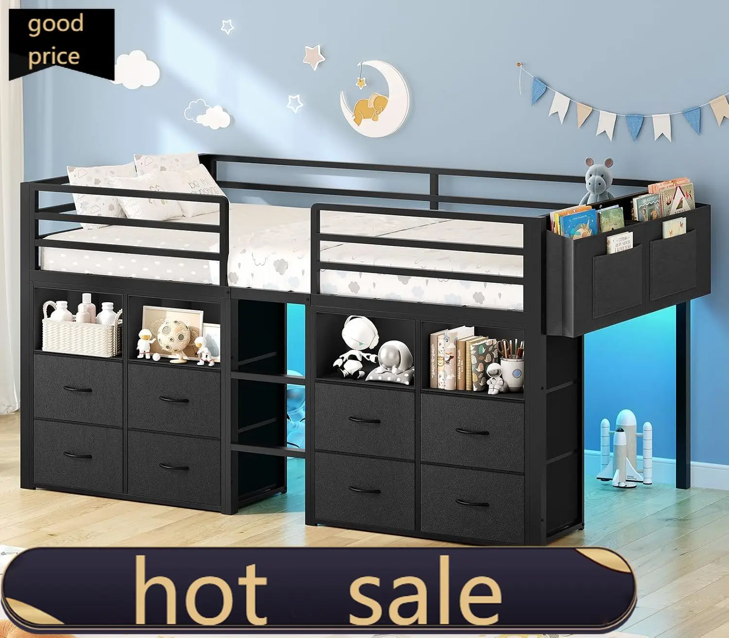 ADORNEVE Low Loft Bed Twin Size with 8 Storage Drawers, Twin Loft Bed with Bookcase and LED Lights, Metal Kids Loft Bed with 14