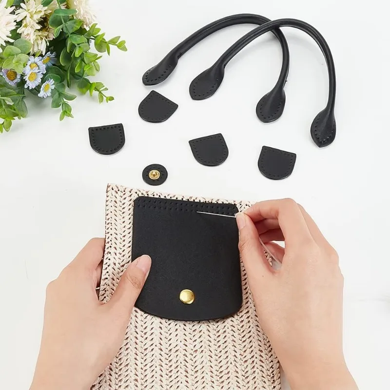 8pcs PU Leather Handbag Knitting Kits DIY Crochet Bag Making Including Sew on Bag Handles Snap Button Bag Covers Handmade Craft