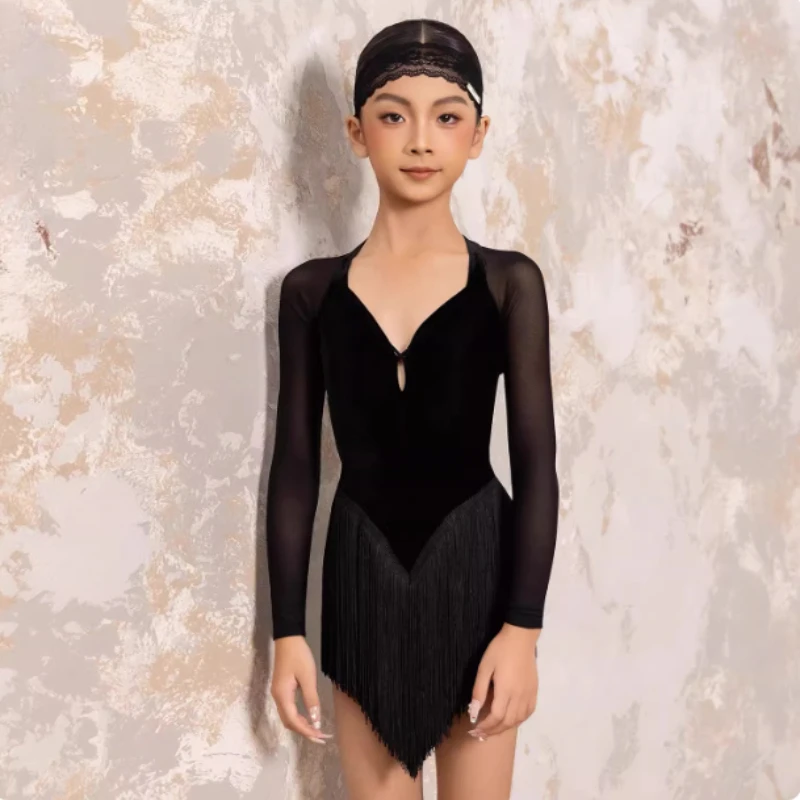 New Girls Latin Dance Dress Long Sleeves Fringe Dance Costume Cha Rumba Samba Dance Competition Dress Practice Dress BL view 3