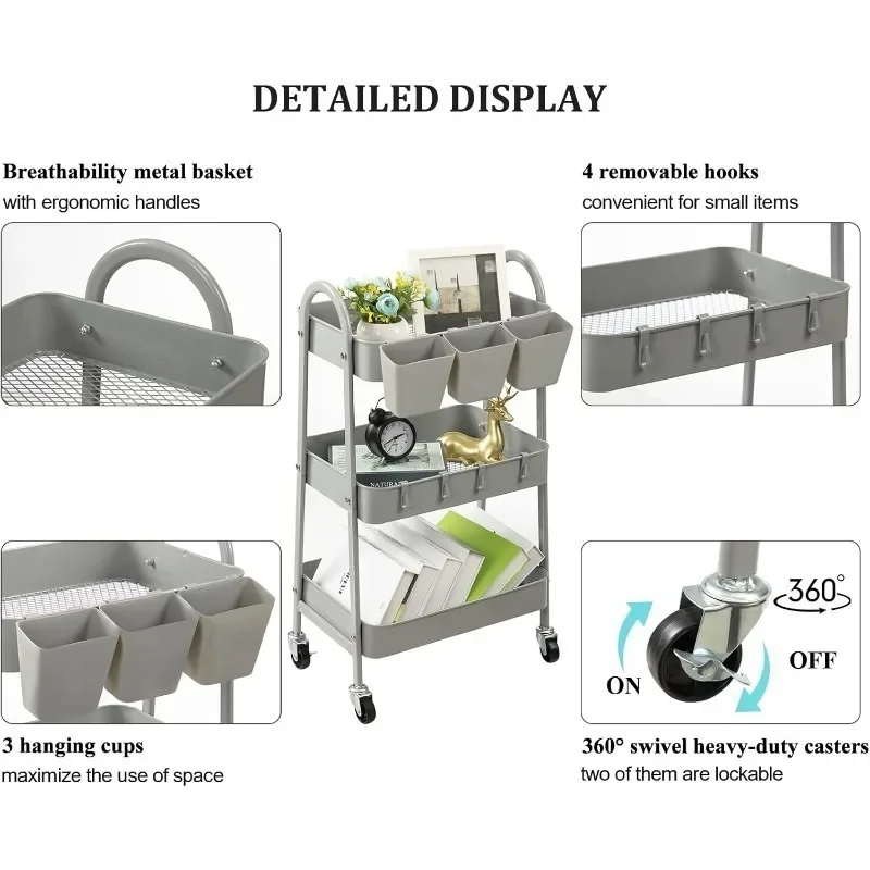 3-Tier Rolling Cart, Metal Rolling Storage Cart with Lockable Wheels & Hanging Cups & Hooks, Mobile Trolley Cart for Kitchen,