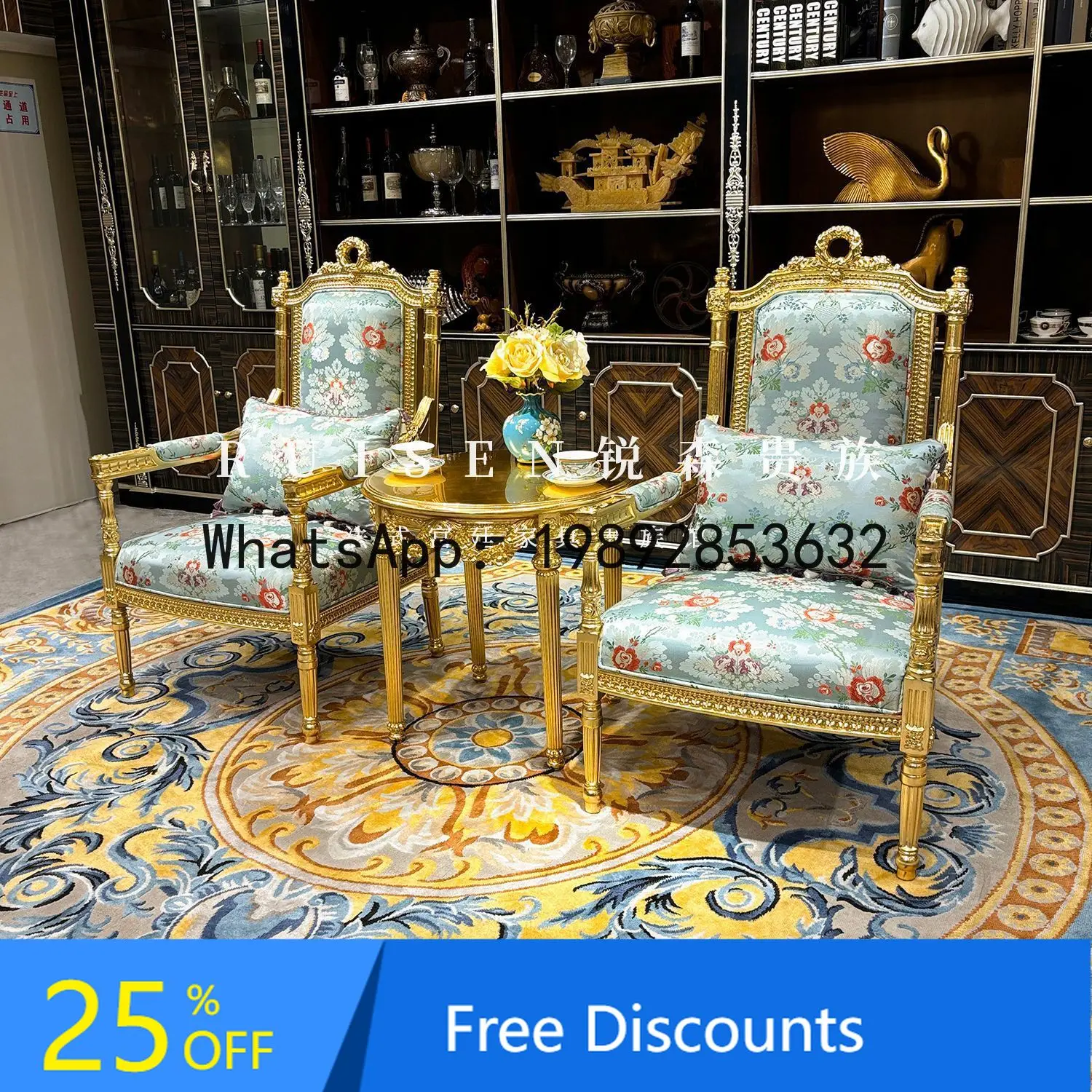 

CZ French Style Solid Wood Leisure Chair Carved Fabric Sofa Chair Balcony Recliner Blue Embroidered Chair