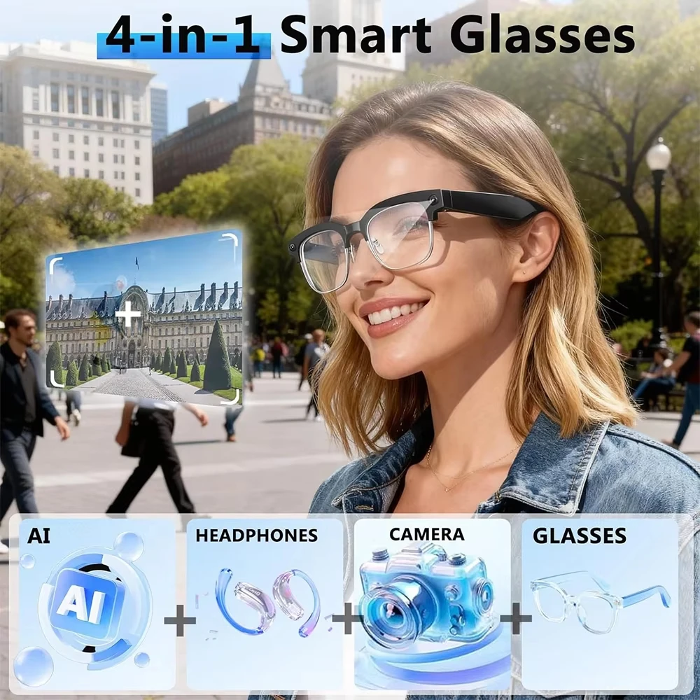 2026년형 새로운 AI 번역 스마트 안경 4GB 8MP 카메라 1080P 비디오 녹화 사진 인식 블루투스 통화 음악 남녀 공용 선글라스