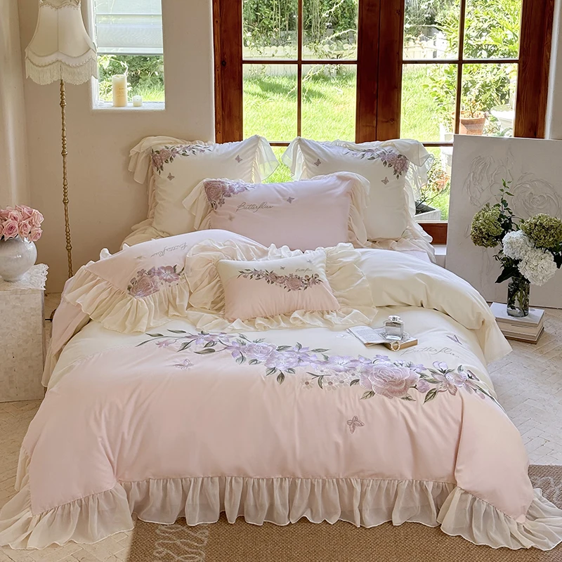 Flowers Embroidery Lace Ruffles Princess Wedding Bedding Set 1000TC Egyptian Cotton Brushed Duvet Cover Set Bed Sheet Pillowcase