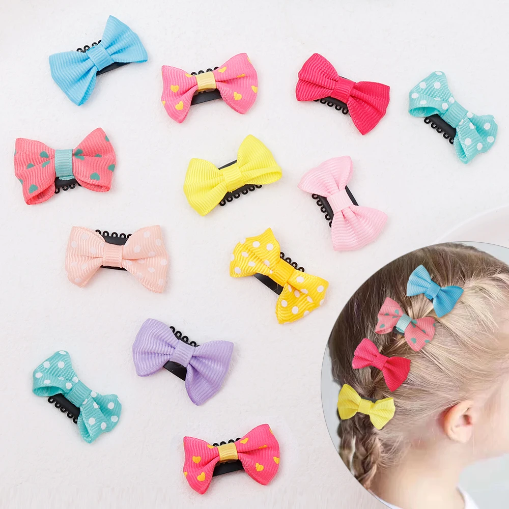 10Pcs Baby Girl\'s Hairgrips Strip Knot Barrettes Solid Dot Pringting Mini Bow Ribbon Hair Clips Hairpins Kids Hair Accessories