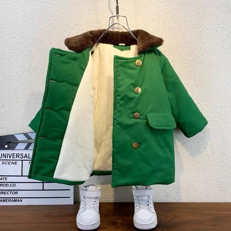 Children's military cotton coat with thickened cotton, medium to long length for boys, Northeast Army green cotton coat with plu