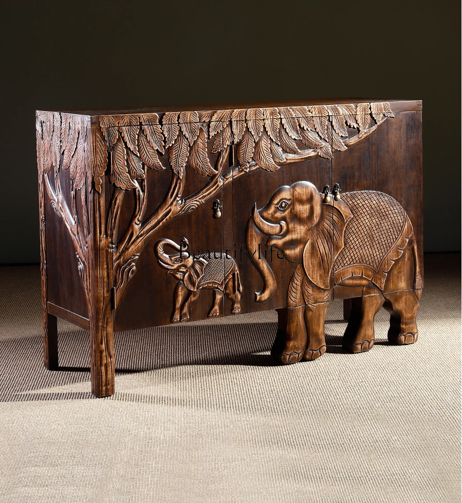 Retro Solid Wood Embossed Elephant Entrance Cabinet New Chinese Storage Southeast Asia Curio Cabinet