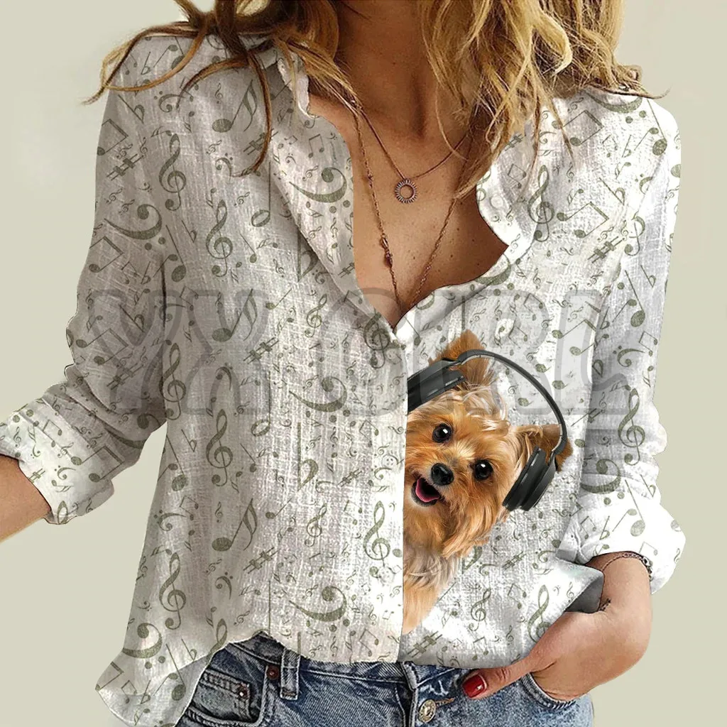 YX GIRL-Camisa de manga larga con estampado 3D para mujer, ropa informal con botones, ropa de calle única, gran música con Yorkshire Terrier