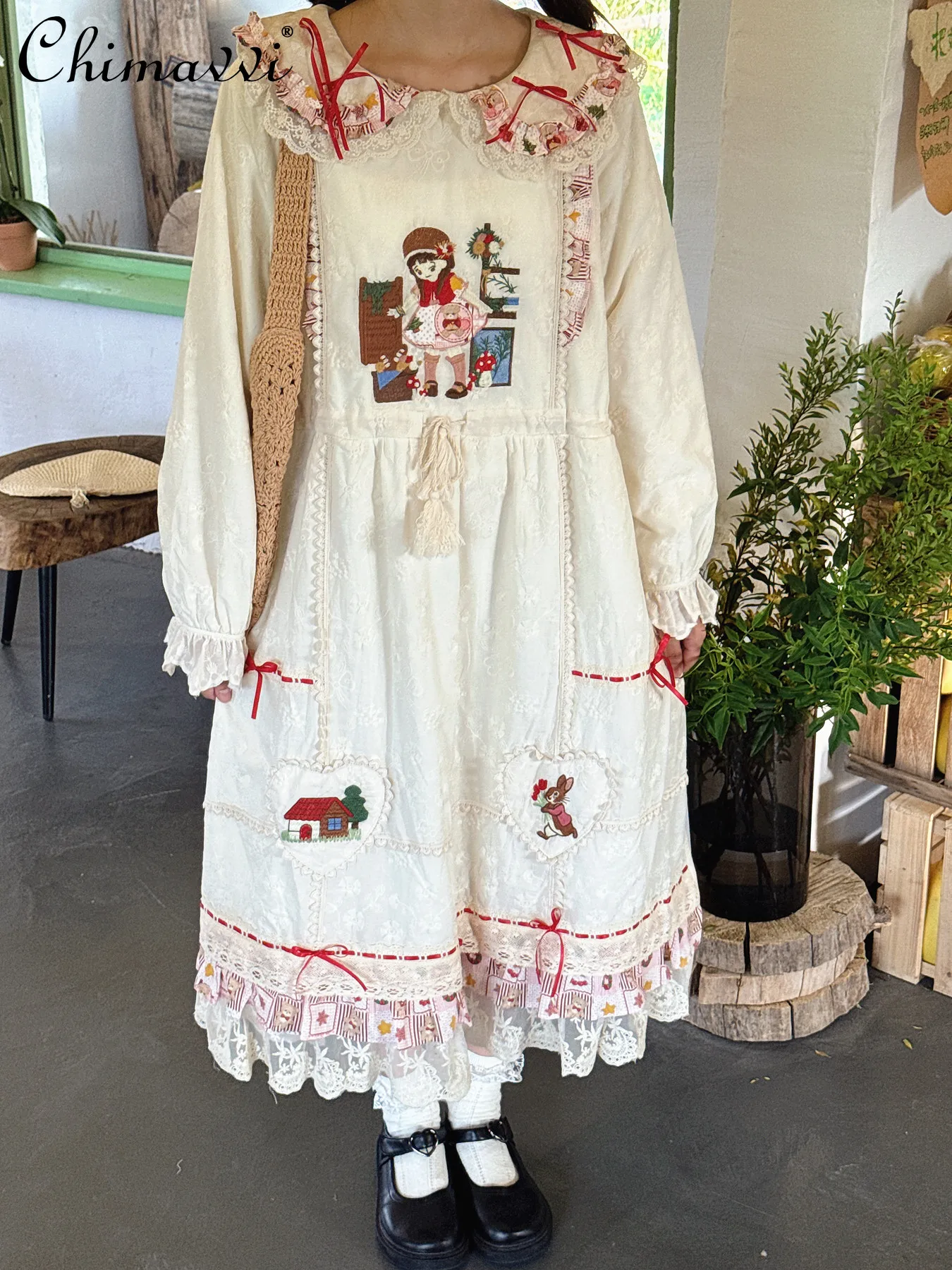 

2025 Winter Clothes Fleece-Lined Thick Sweet Girl Ribbon Bow Doll Collar Dress Cute Fairy Long Sleeve Slimming Base Long Dress