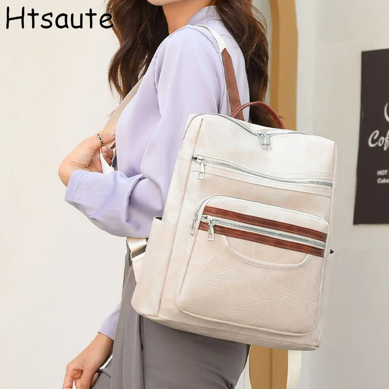 New Backpacks Women's PU Leather Waterproof Anti-theft Designer Large Retro College Travel Backpack Shoulder Bag Wallet Brown