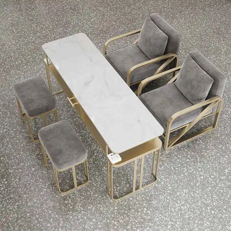 

Factory Wholesale Metal Salon Furniture Table Chair Set Nail Work Glass Table Light Luxury Nail Salon Table