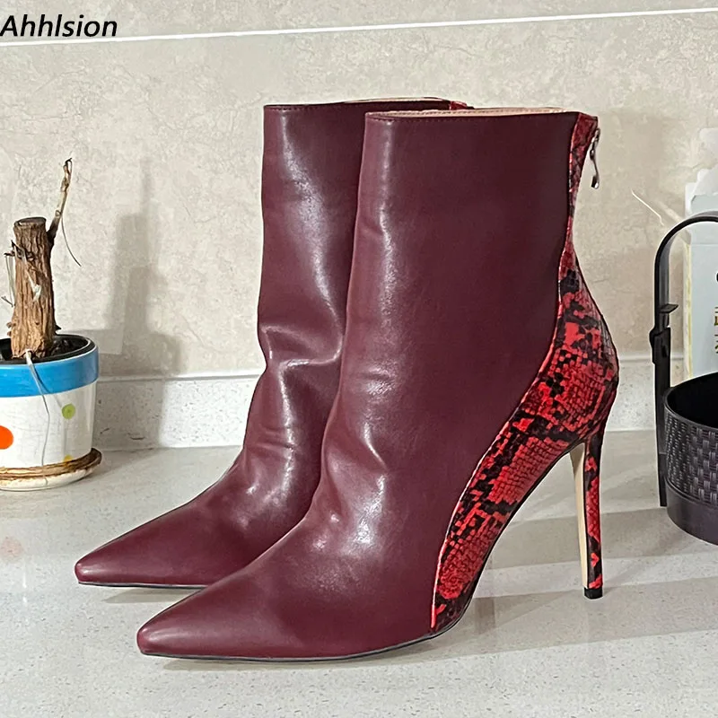 

Ahhlsion Женские зимние ботильоны ручной работы со змеиной танкеткой, на высоком каблуке с острым носком, великолепная винно-красная обувь для вечеринок, женские размеры США 5-15