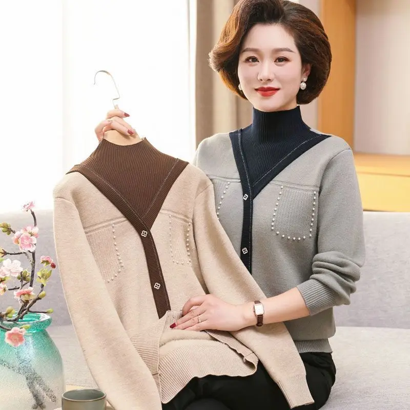

Новый зимний свитер для мам среднего возраста, повседневный искусственный двухсекционный вязаный пуловер с полуводолазкой, женский флисовый джемпер