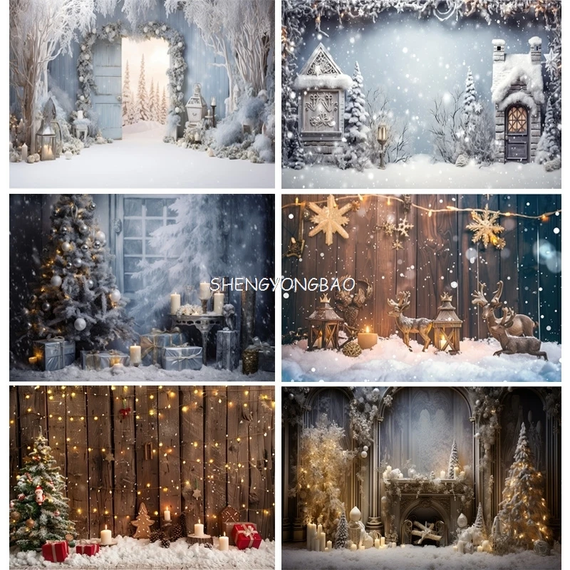 

Christmas Tree With Gift Boxes Photography Backdrops Winter Snow Decorations Wooden Door Fireplace Room Background Props WR-10