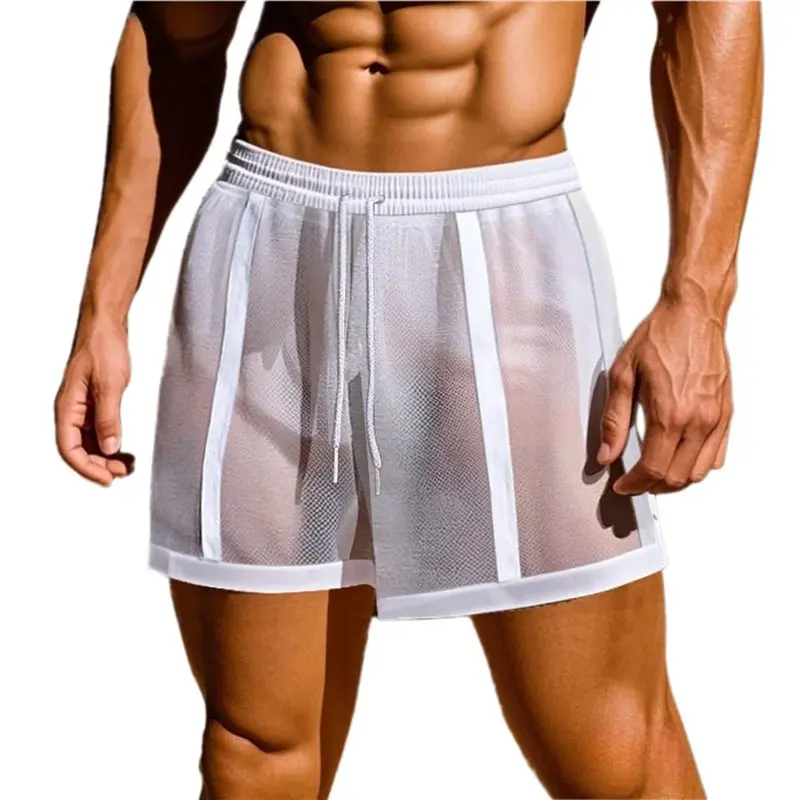 【STOCK】Men's Mesh See Through Shorts Breathable Sheer Elastic Waist Shorts Beach Watershort Lounge Pants