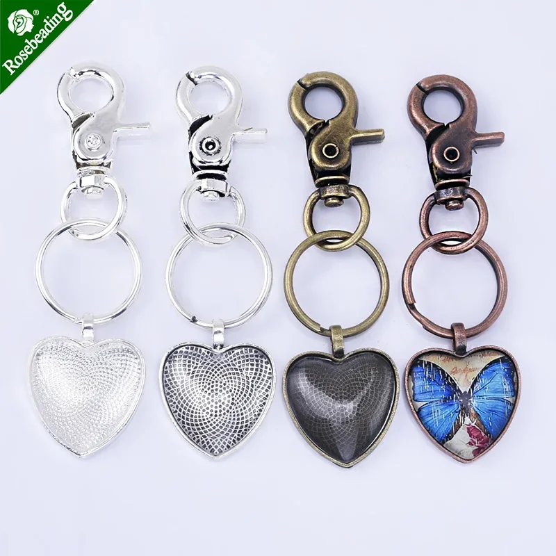 

5pcs Keychain Kits 25mm Heart Bezel Cabochon Setting 1 Inch DIY Pendant Trays with Lobster Clasp Glass Cabochons-102309
