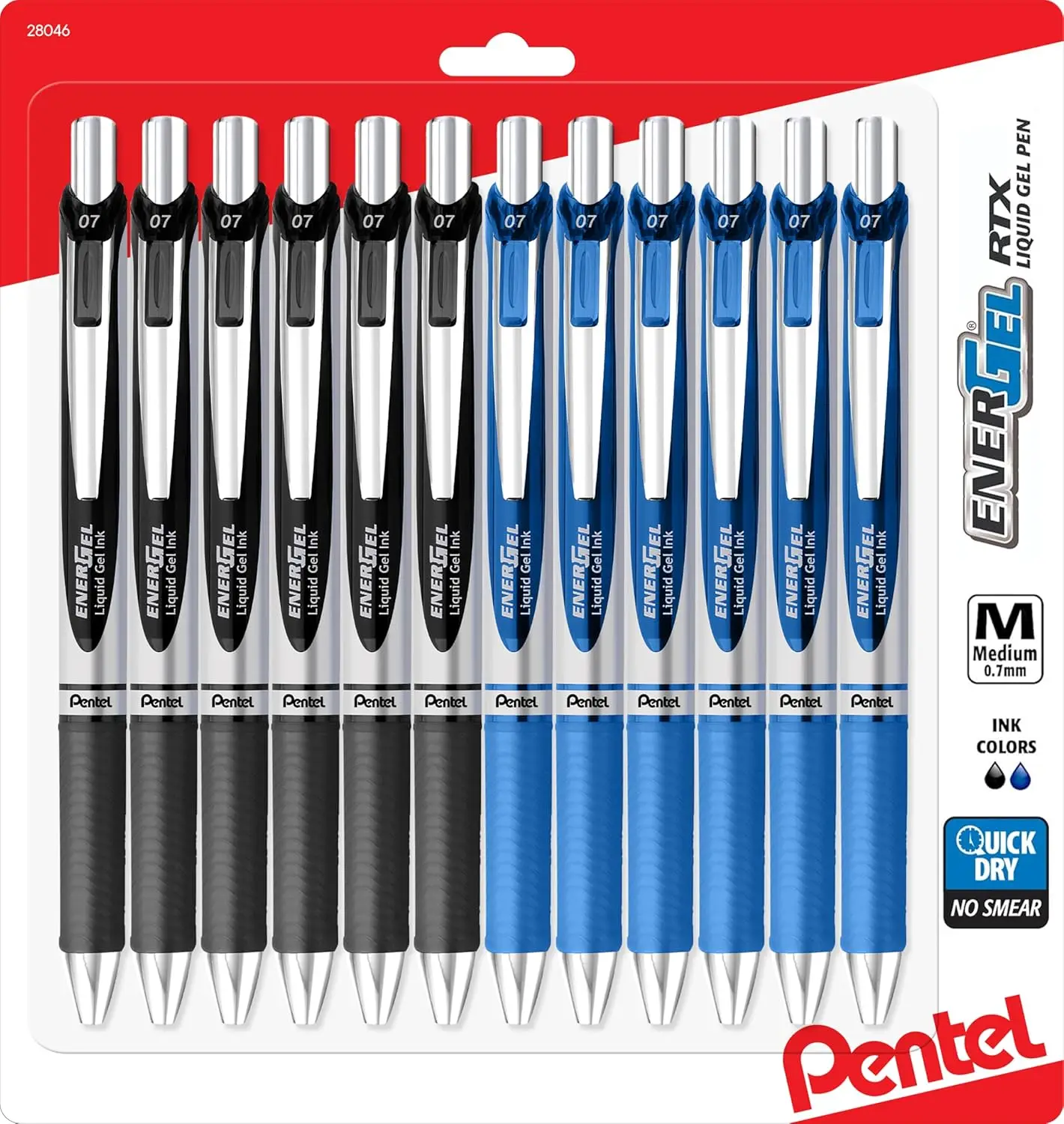 

0.7mm Retractable Gel Pens, Metal Tip, Medium Point, Pack of 12 with Black & Blue Ink