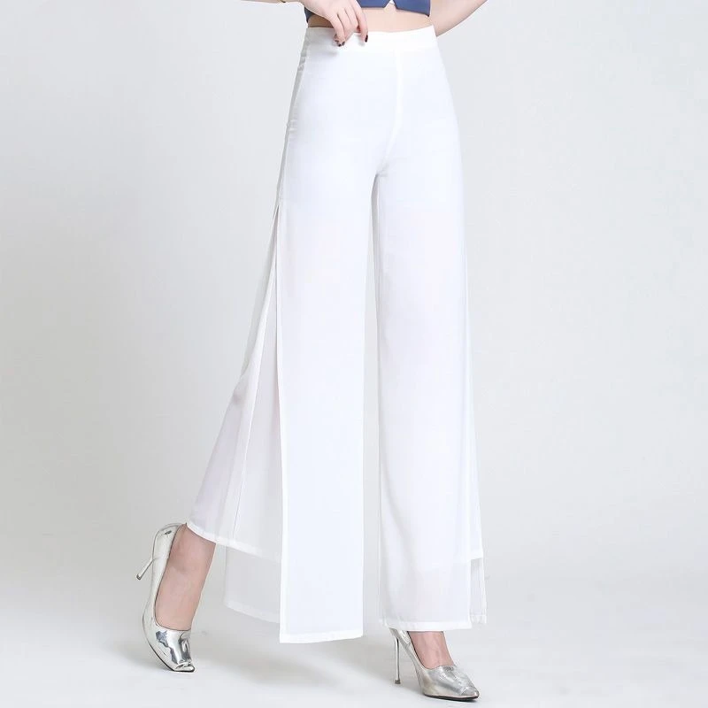 Summer Women's Layered Chiffon Flowy Wide Leg Pants High Waist Long Palazzo Culottes with Split