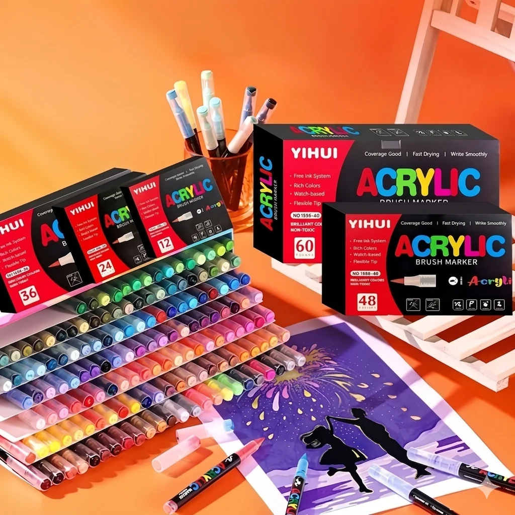 12-60 colores  Marcadores de plumas de pintura acrílica  Punta del pincel  Marcadores de pintura  para  pintura rupestre  madera  Lienzo  piedra  Regalo de Navidad  manualidades de bricolaje