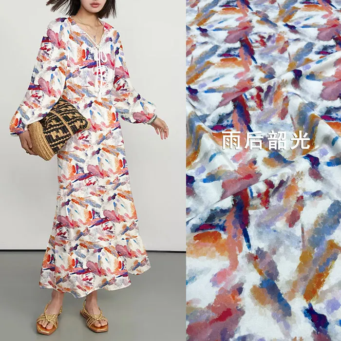 Oil Painting Style Abstract Print Silk Stretch Crepe De Chine Fabric Mulberry Silk Material for Dresses  140cm wide