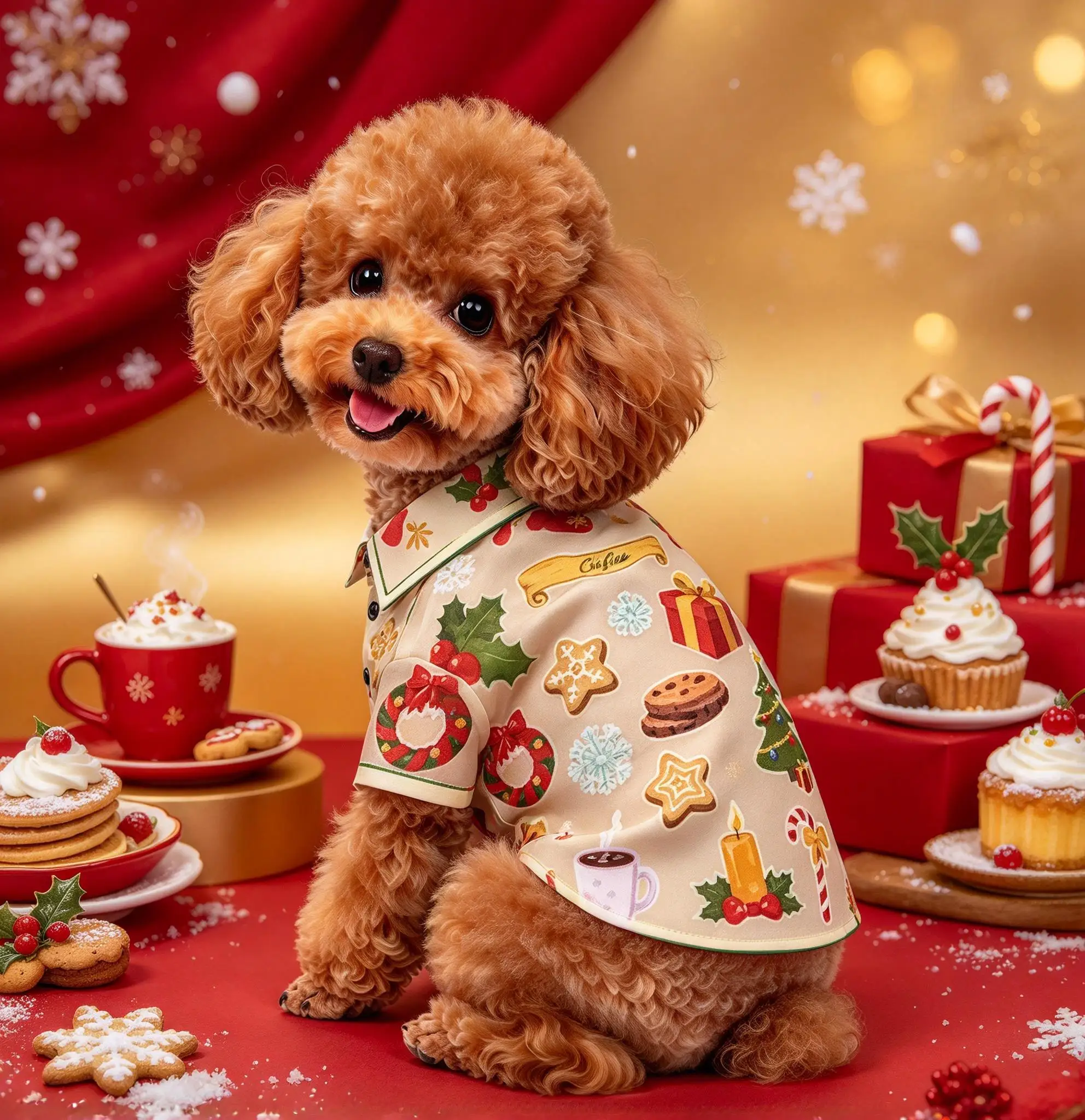 Christmas Pet Button Down Shirt, Xmas Cookie Gift Bell Angel Print Short Sleeve Soft Clothes for Cats & Dogs