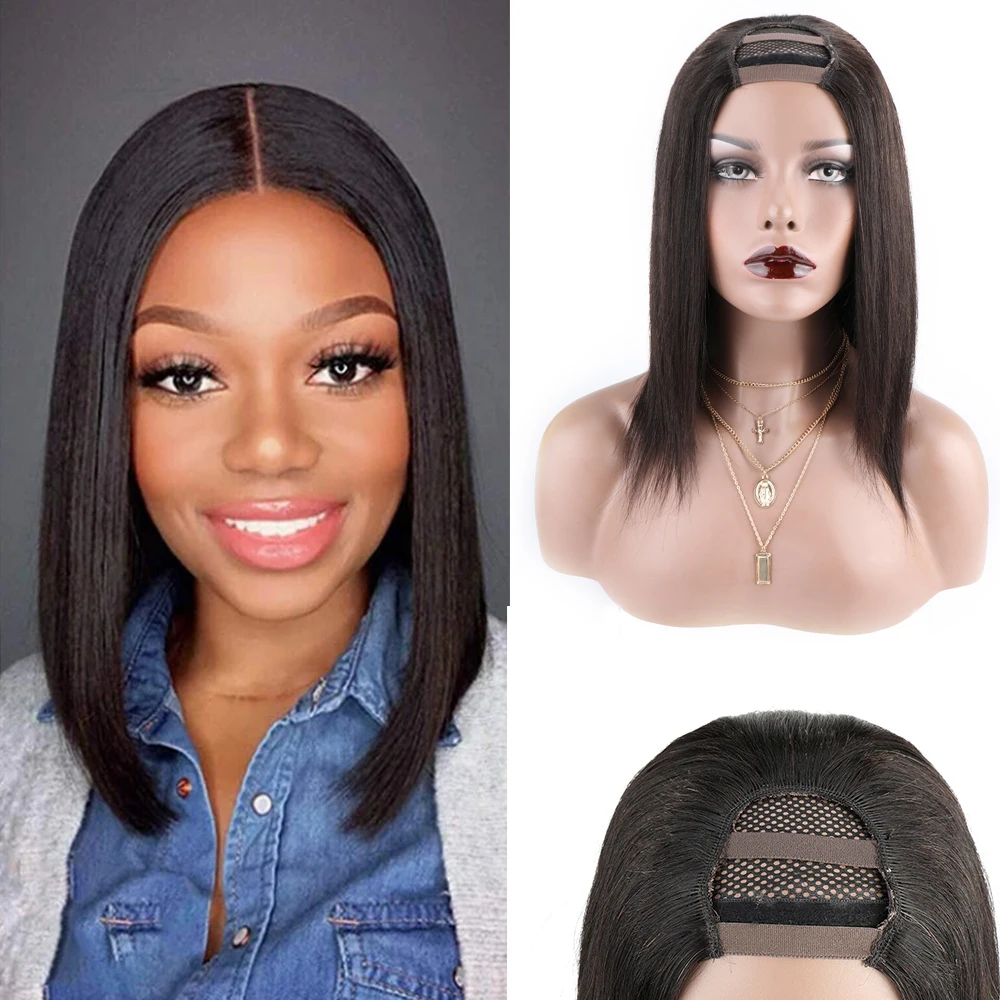 

Sleek U Part Wig Straight Bob Human Hair Wigs for Women Short Brazilian Remy Hair Glueless Human Hair Natural Black U Part Wigs