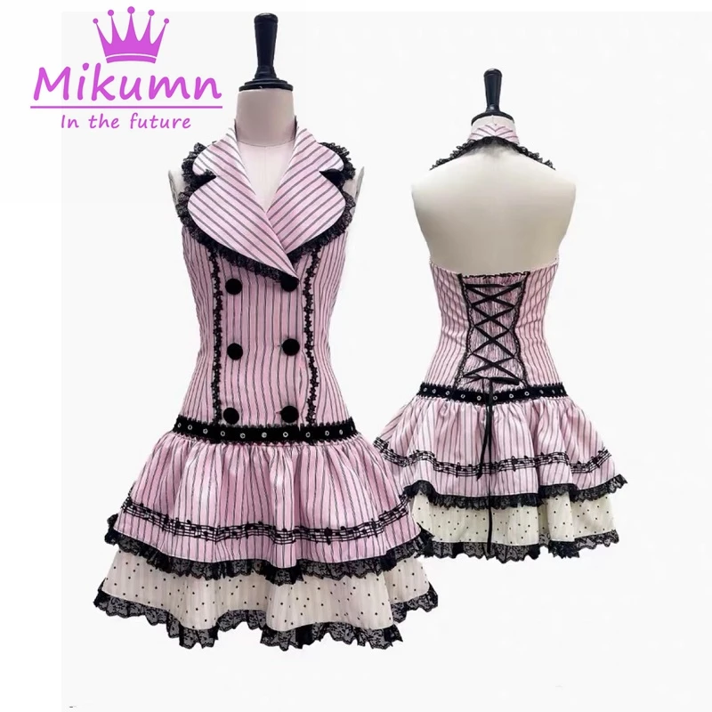 Mikumn Japanisches Y2K Gothic Lolita Rosa gestreiftes Neckholder-Kleid mit schwarzer Spitze und Umlegekragen, ärmellose Party-Minikleider für Damen