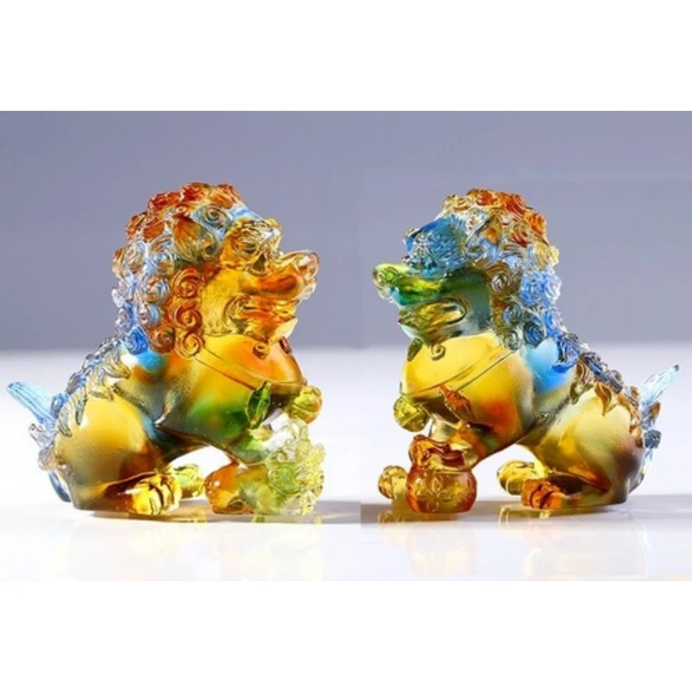 Chinese Crystal Lion Statue Feng Shui Guardian Foo Fu Dog Decor Pair color glaze Statue Ornament Wealth Home decor Collection