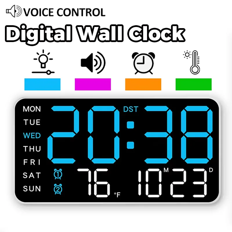LED Digital Wall Clock Temp Date Week Display Voice Control USB Powered Table Clock Wall-mounted Dual Alarms Electronic Clocks