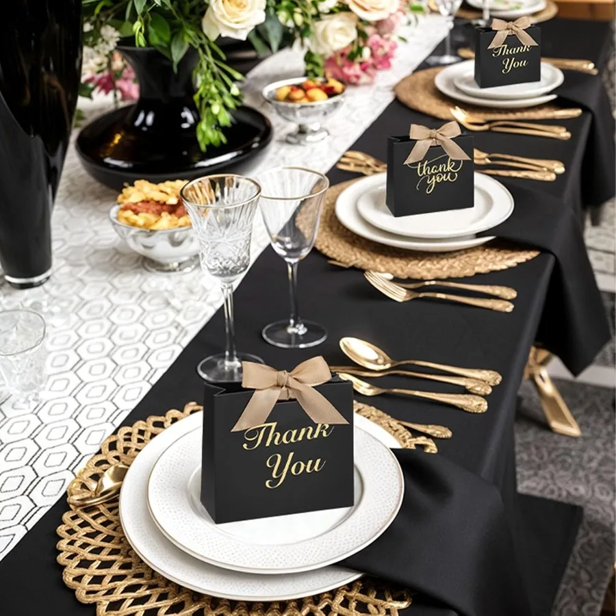 24 pçs obrigado sacos de presente 4.5x3.9x1.8 polegadas mini festa favor sacos preto caixas de deleite com fita arco para casamento nupcial bebê sho