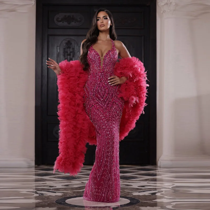 

Гламурное платье для выпускного вечера с кристаллами по индивидуальному заказу для женщин, вечерние платья без рукавов с бисером, Vestido De Formatura без накидки