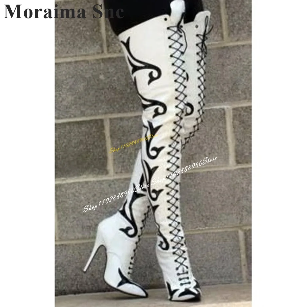 White Thigh High Leather Cross Tied Boots Thin High Heel Women Shoes Cross Tied Pointed Toe 2024 Fashion Zapatos Para Mujere