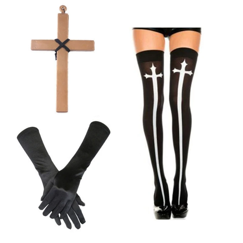 634C 2/3/4 Halloween Nun Costume Accessories Nun Hat Pendant Necklace Thigh High Sock for Halloween Cosplay Party