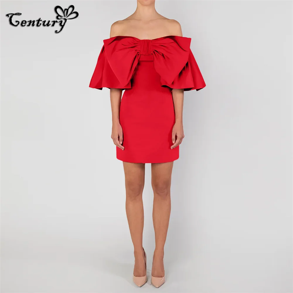 Off Shoulder Red Prom Dress Short Big Bow Above Knee Satin Cocktail Dresses Formal Wear Evening Party Gowns Customized