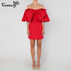 Off Shoulder Red Prom Dress Short Big Bow Above Knee Satin Cocktail Dresses Formal Wear Evening Party Gowns Customized