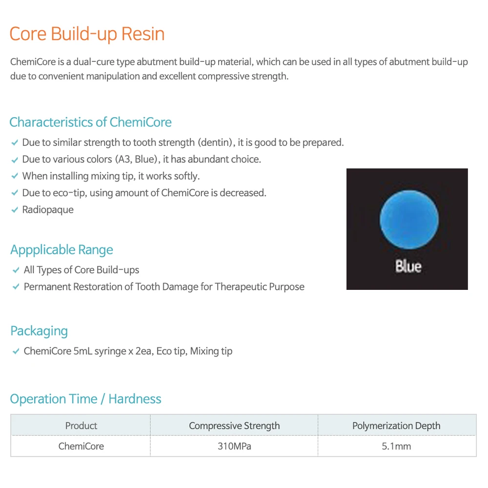 Dental Core Build Up Material Blue Dual Cure 5mlx2 Syringes Automix Abutment ChemiCore Post Cementation Dentistry Clinic Product