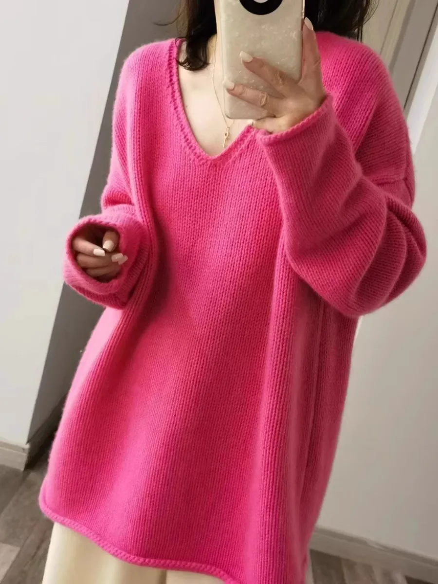 Suéter de cachemira de lujo para mujer, suéter rosa con cuello en V, hombro caído, suelto, de lana pura, otoño e invierno, 2024