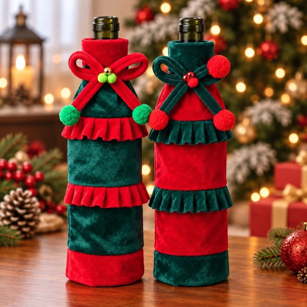Bow Ruffled Christmas Velvet Bottle Cover Bowknot Velvet Wine Bottle Cover 30cm 11.81in Elegant Holiday Decoration