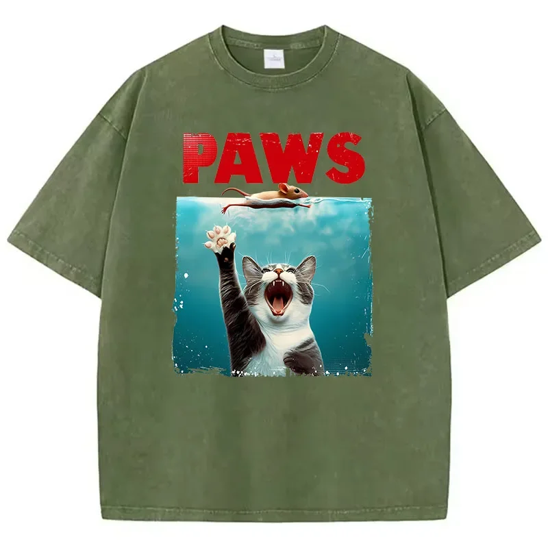 Funny T Shirt Vintage Washed 100% Cotton T-Shirt  Swim Cat Graphic Tee Casual Streetwear Spring Summer top