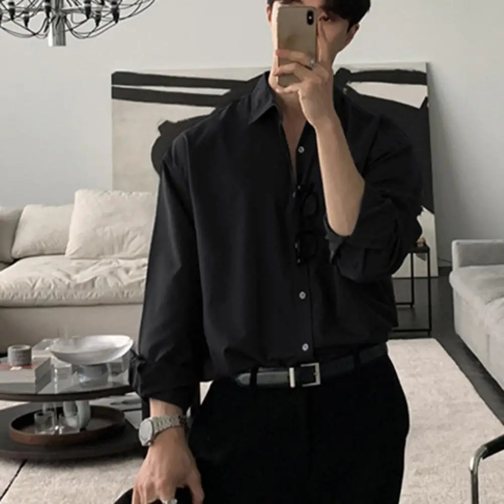 Men Business Shirt Formal Business Style Men's Mid Length Shirt with Turn-down Collar Single-breasted Design Solid for Long