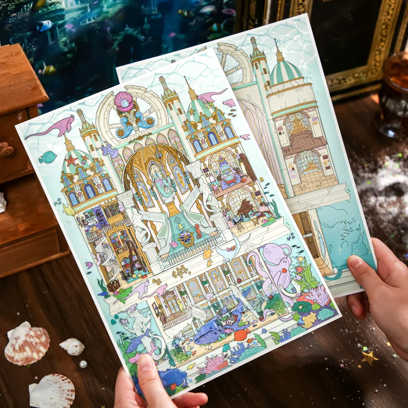 4 Stück Unterwasser-Schloss-PVC-Aufkleber, Scrapbooking-Aufkleber mit Meerjungfrauen- und Ozeanszenen