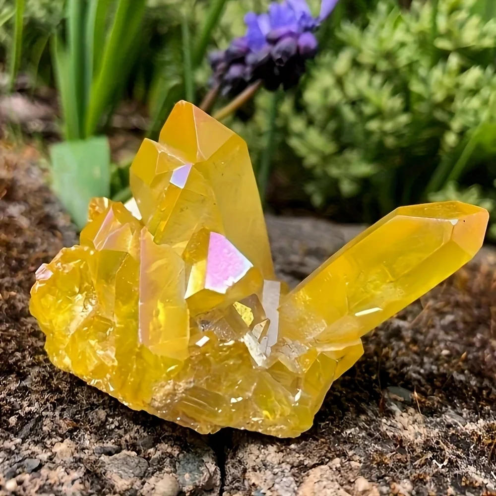 A beautiful electroplated yellow crystal cluster for use in handicrafts, table and bedside table decorations.