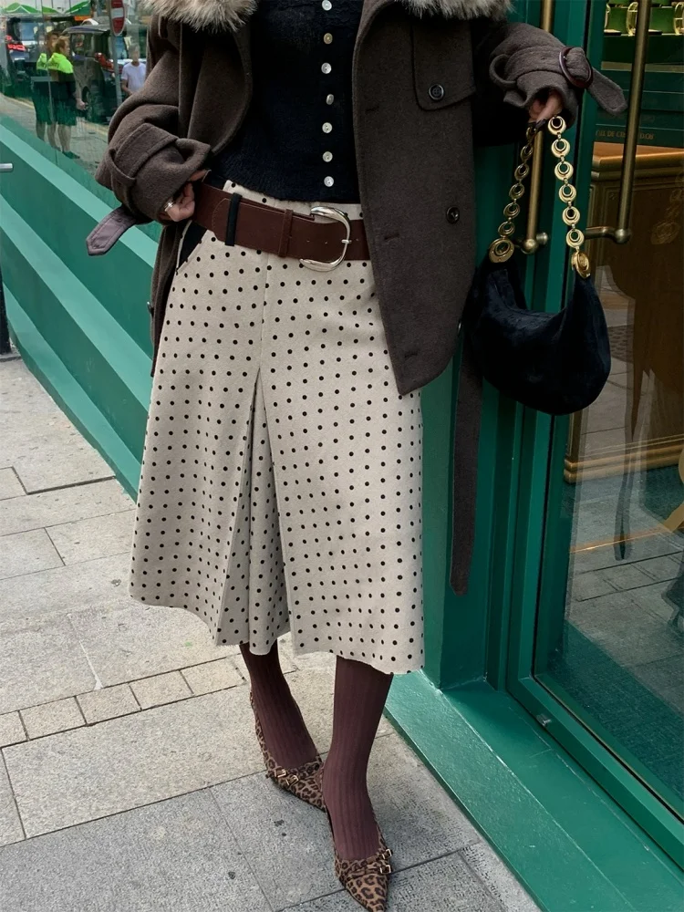 

Корейская шерстяная юбка в горошек для женщин, маленький размер, зимняя, винтажная, асимметричная, с высокой талией, А-силуэт, фасон «рыбий хвост», шерстяная, средней длины