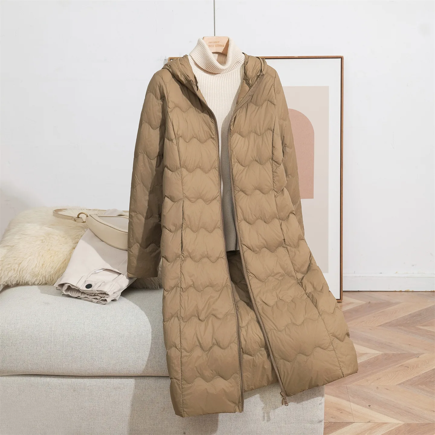 Chaqueta acolchada larga con capucha para mujer, abrigo acolchado ligero sencillo de Color sólido para invierno, abrigo grueso informal americano a la moda